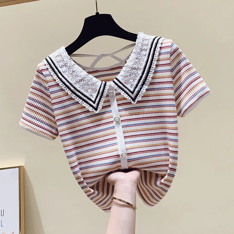 Футболка женская хлопковая в полоску с V-образным вырезом стиле Харадзюку лето 2021