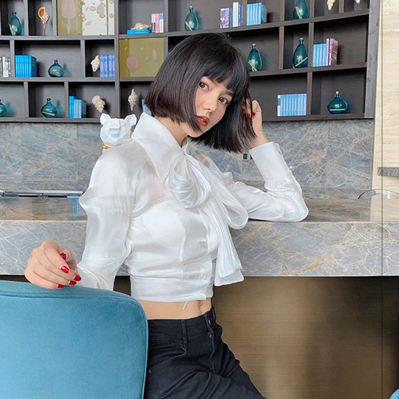 GALCAUR женские рубашки с бантом воротник лацканами длинный рукав на шнуровке