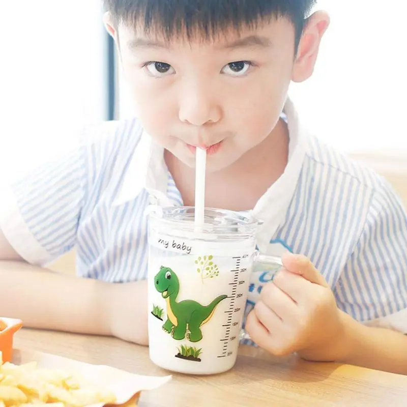 

1Set Children Cartoon Milk Cup with Straw Transparent Scale Glass Cup for Kids