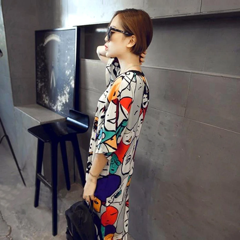 Платье женское свободного покроя с забавным принтом сарафан круглым вырезом и