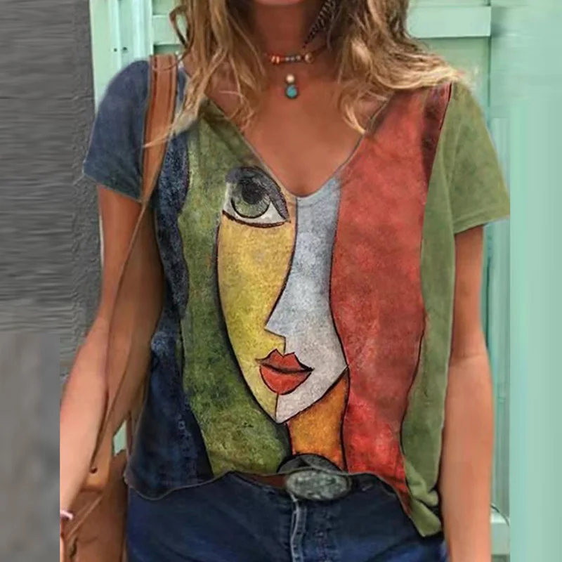

Vintage Cartoon Pattern Print Blouse Shirts Women Sexy V-Neck Short Sleeve Pullover Tops Lady Casual Plus Size Streetwear Blusa