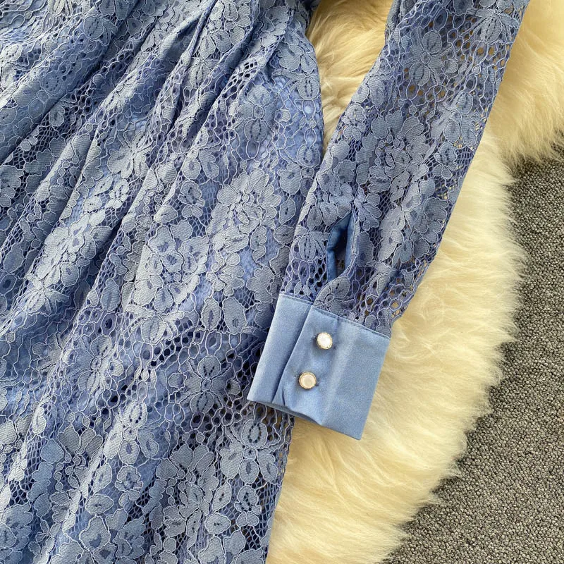 

Women's Dress European Retro Lapel Long-sleeved Embroidered Crocheted Office Lady A-LINE Hollow Out Mid-Calf Turn-down Collar