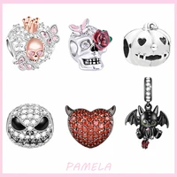 pamela 925 sterling silver halloween skull charms devil heart zircon bead diy for original pandora bracelet jewelry for women
