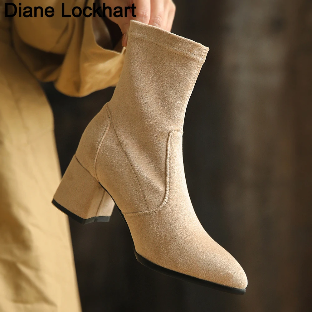 

Fashion Ankle Elastic Sock Boots Chunky High Heels Stretch Women Autumn Sexy Plush Booties Pointed Toe Women Short Boot 32 42 43