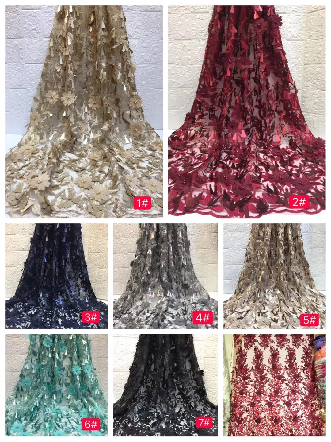 

High Quality 3D Embroidery Sequin Fringed African Lace Fabric Embroidered Craft Sewing For Wedding Dress 5 Yards