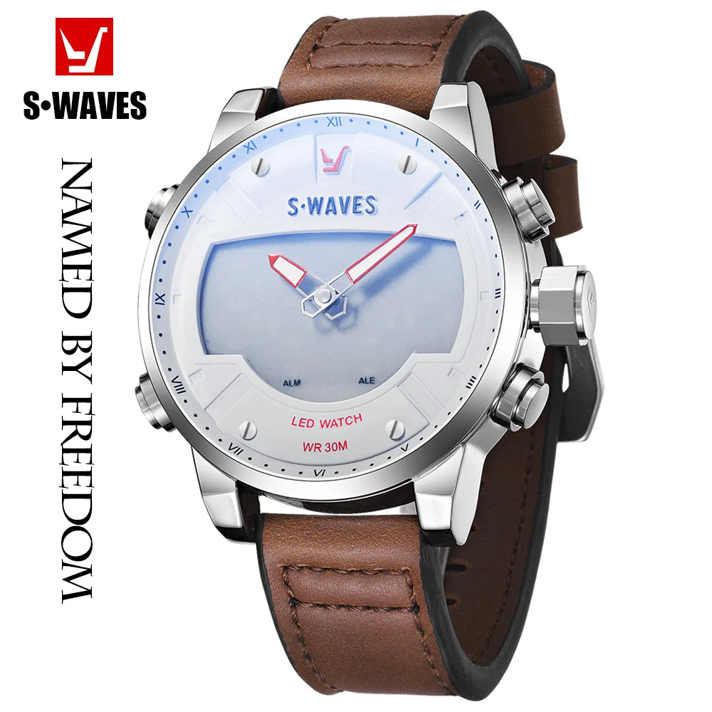 

Watches Mens 2019 Analog Digital LED Leather Band Reloj Hombre Quartz Silver White Waterproof Military Watch Men SWAVES Brand