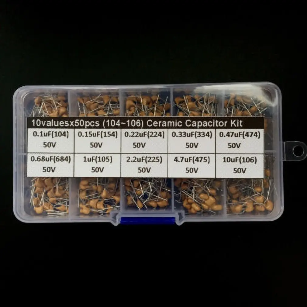 

500PCS 10Values x 50 0.1uF~10uF (104~106) Multlayer Ceramic Capacitor Assorted Kit Set with Plastic Box