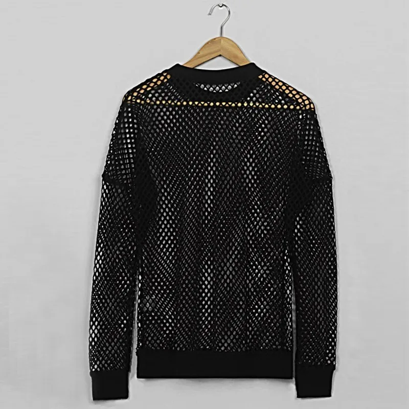 

New Design See Through Grid Hollow Out Sexy Mens Top Tees Punk Style Slim Fit Big Size Long Sleeve O-Neck Fashion Male T-Shirts