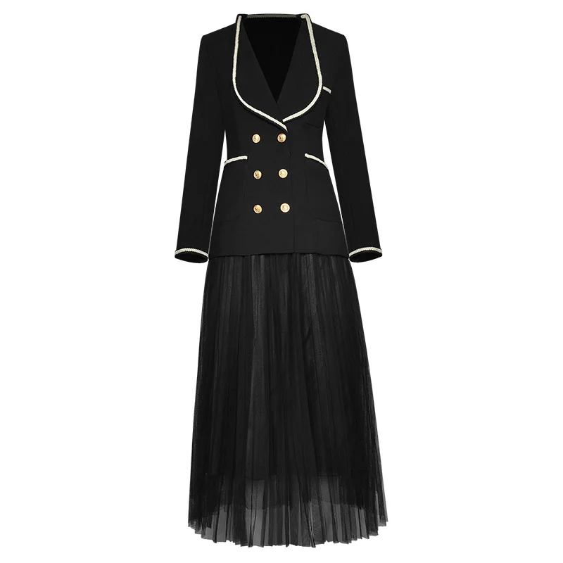 

V-Neck long sleeve double breasted pocket suit top elastic mesh skirt fashion two piece suit fall / winter 2020
