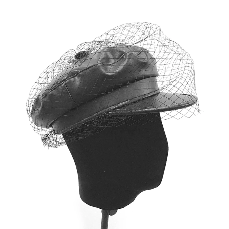 

Fascinating Black Hat Chic Leather French Beret with Veil Mesh Show Double Layer Women Beret Beanies Cap