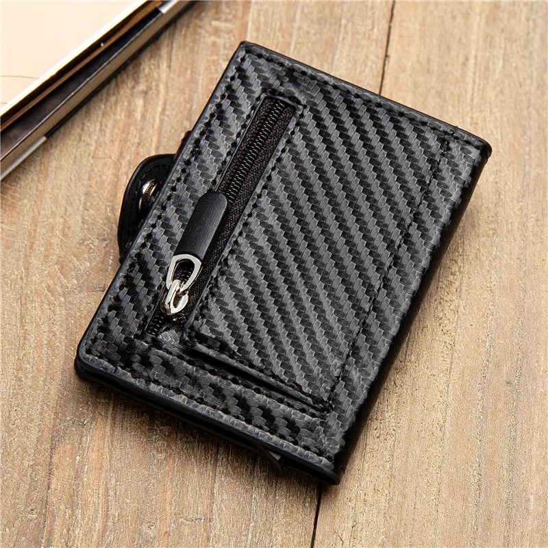 

BISI GORO Carbon Black Cover Button Smart Wallet Coin Safety RFID Fashion New PU Aluminum Anti-theft Credit Card Holder Purse