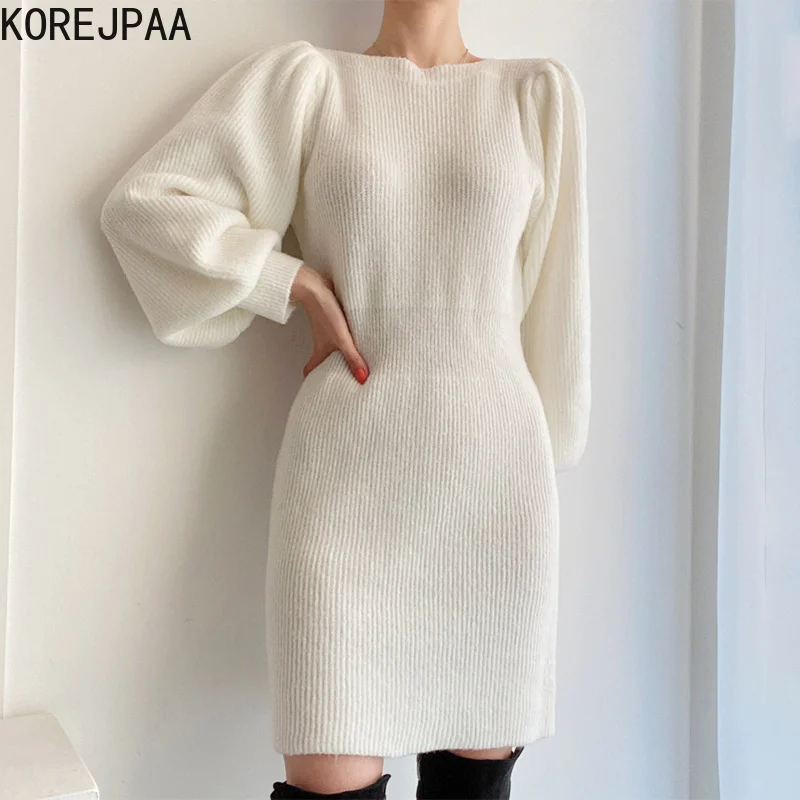 

Korejpaa Solid Elegant Dress Women Autumn Winter 2021 New O-neck Puff Sleeve Slim Waist Knitwear Mini Dresses Korea Chic