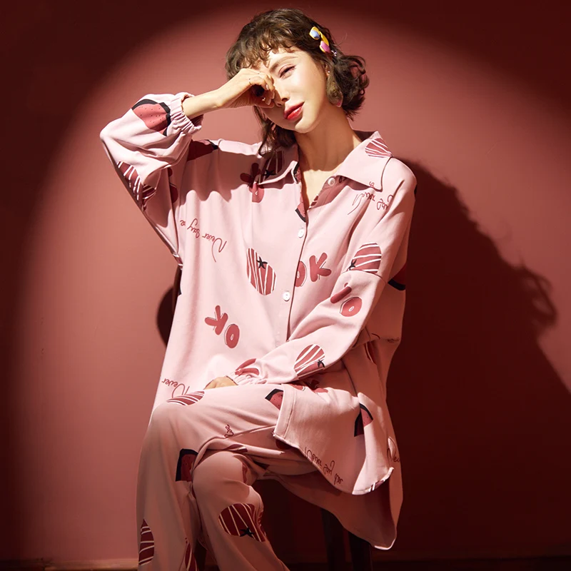 

Lady Pajamas Set Autumn Winter Women's Full Cotton Long Sleeve PIrregular Top Pajamas Set Loose Adult Women Sleepwear Set Soft