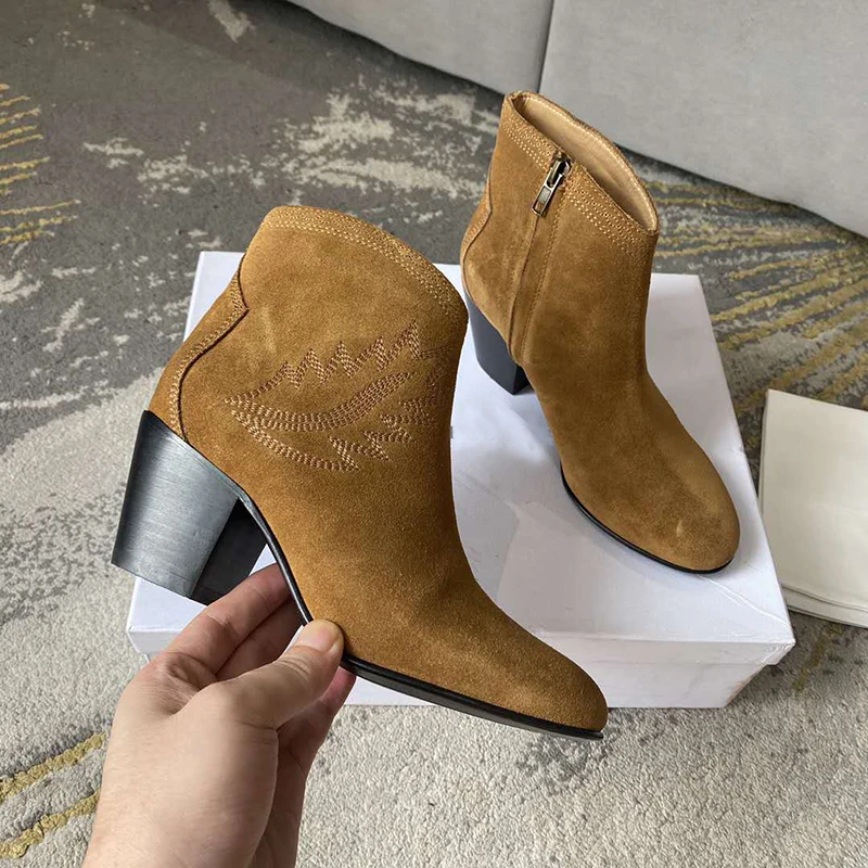 

Embroidery Real Suede Ankle Boots Women Pointed Toe Square High Heel Shoes Woman Chic Design Short Boots