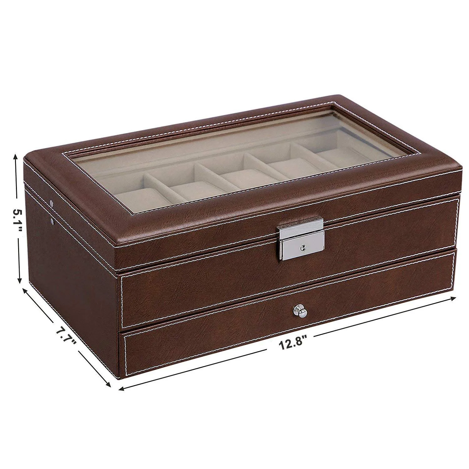 

12 Slots Watch Box Mens Watch Organizer Lockable Jewelry Display Case with Real Glass Top Faux Leather Brow TT@88
