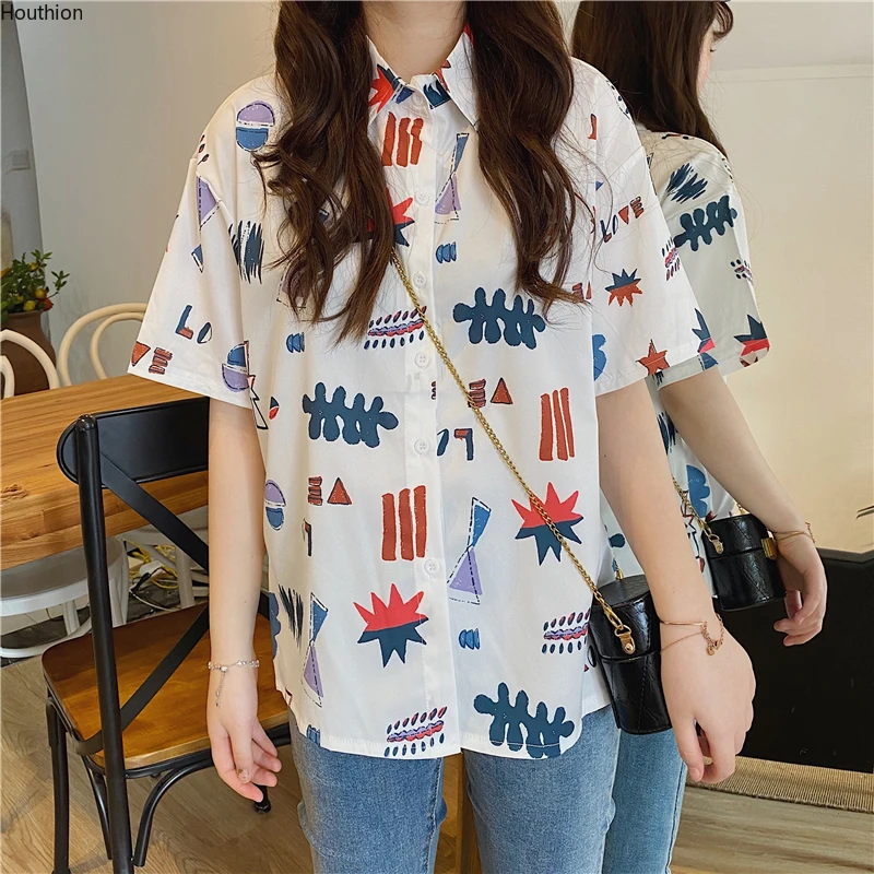 

Houthion Chiffon Loose Women's Blouses Fashion Short Sleeve Top Geometry Buttons Polo Shirt Summer New Casual Blouse