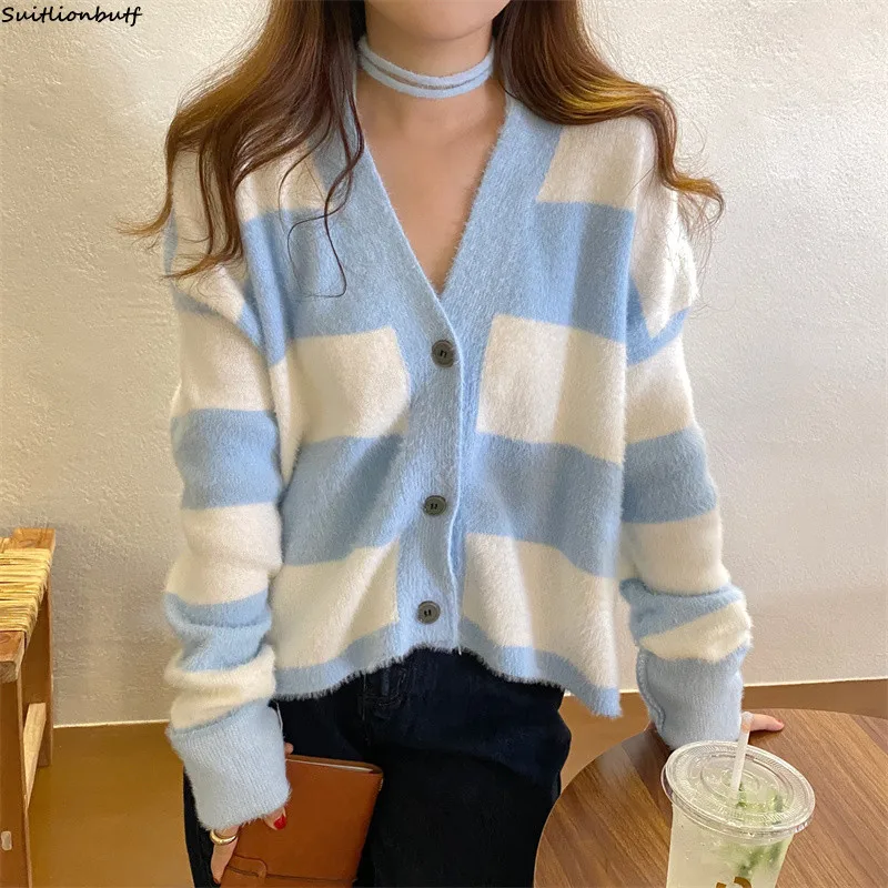 

Plush Striped Cardigan Coat Single-Breasted Long Sleeve Top Color Contrast Loose Knitted Sweater Woman Winter 2021 Korea Autumn