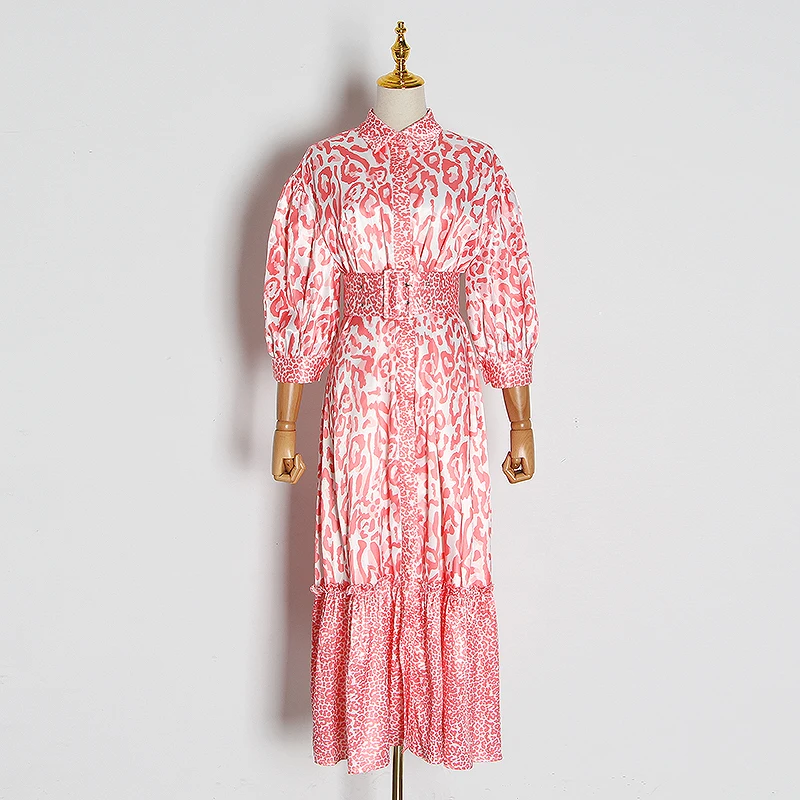 GALCAUR платье с леопардовым принтом для женщин воротник лацканами рукав-фонарик