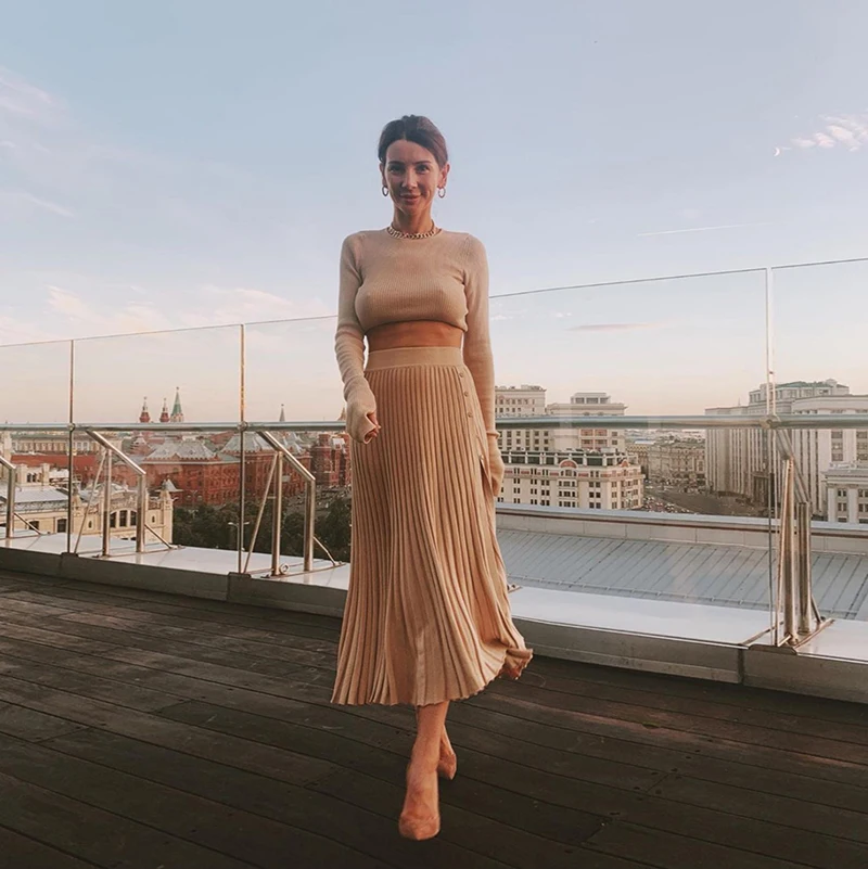 

Women Knitting Sweater Two Piece Set O-Neck Long Sleeve Short Top Elastic Waist Split Button Pleated Skirts Casual Streetwear