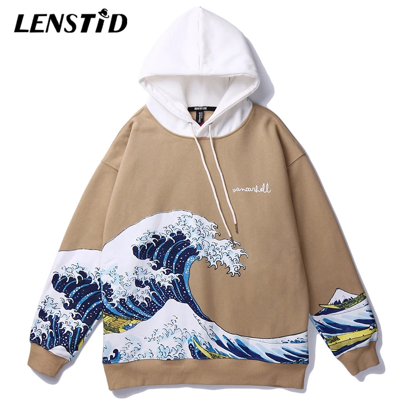 LENSTID хип хоп японский стиль с волнистым принтом Толстый Пуловер толстовки Harajuku 2019