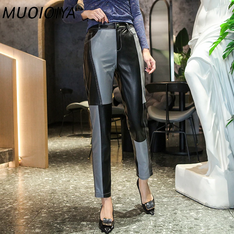 

Брюки женские из натуральной кожи, модные дизайнерские штаны контрастных цветов, большие размеры