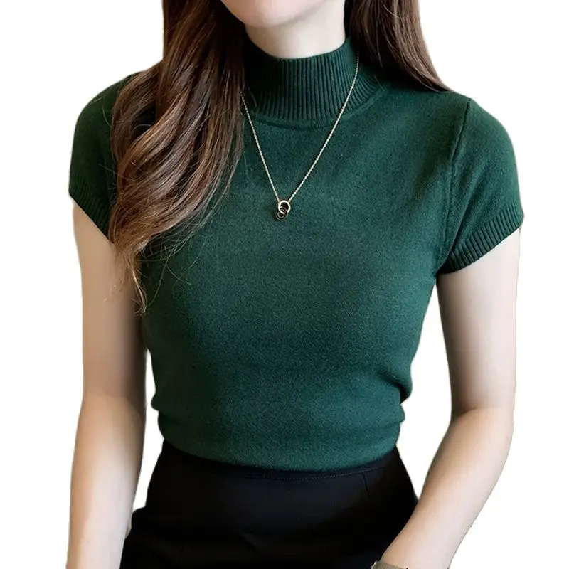 

Fashion Knitt Short-Sleeved T-Shirt Women 2021 New Half Turtleneck Stretch Knitted Tshirt Solid Casual Spring Summer Female Tops