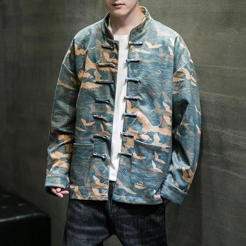 

M-5XL Plus Size Men Jacket Traditional Chinese Style Crane Printed Long Sleeve Mens Coats And Jackets with Frog Button XXXXXL