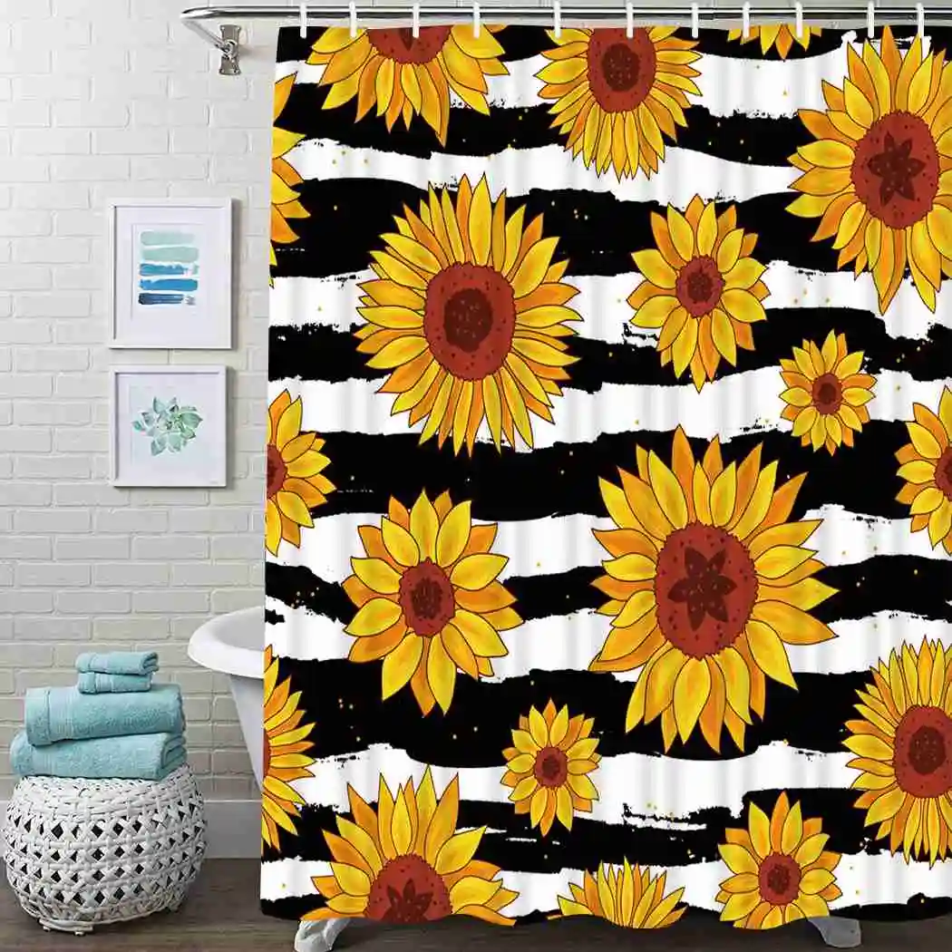 

Sunflower Shower Curtain Green Leaves Yellow Shower Curtain Waterproof Fabric For Bathroom Decor Shower Curtains Set With Hooks