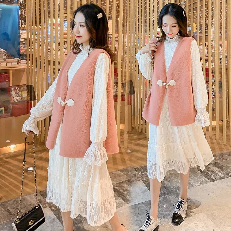 Зимний костюм для беременных с длинным Расклешенным рукавом Кружевное платье