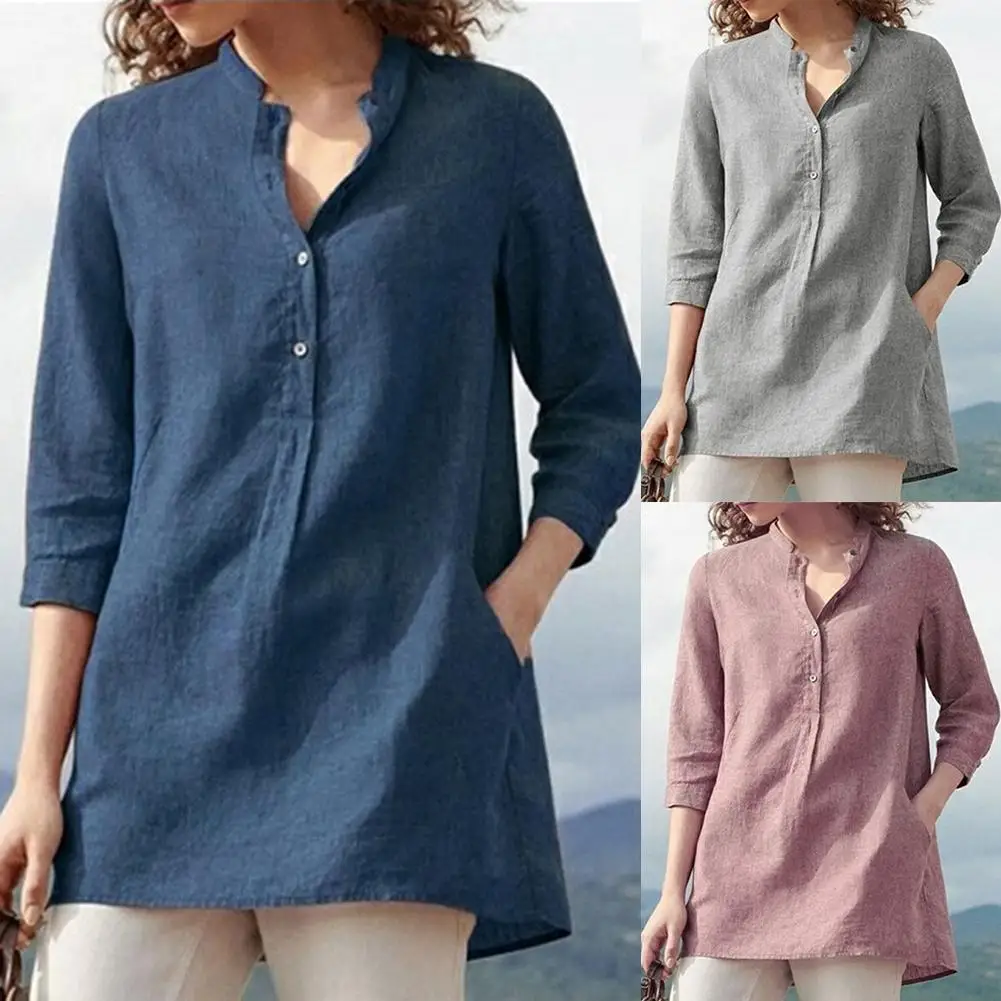 

Casual Women Solid Color 3/4 Sleeve Pockets Button Cotton Linen Plus Size Shirt