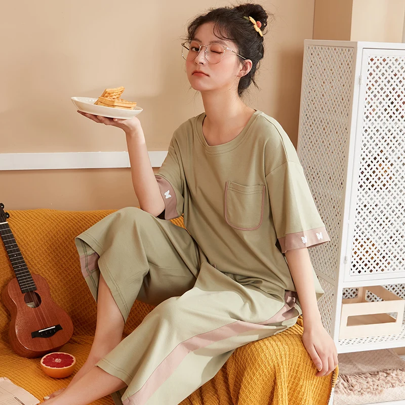 

Бабочка одежда для сна летняя простая светильник, зеленое платье с короткими рукавами до середины икры Длина штанов, пижама, комплект одежд...