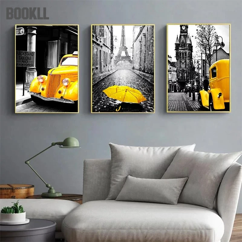 

Nordic Canvas Painting Retro European City Scenery Picture Home Decor Wall Art Yellow Car Balloon Posters And Prints For Bedroom