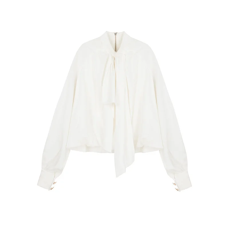 

2020 new winter drape ribbon stand collar court style shirt women's long sleeve design niche French top