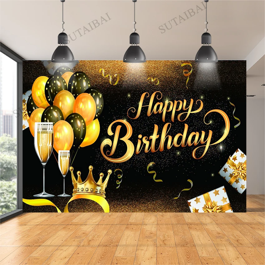 

Happy Birthday Theme Party Gold Glitter Balloons Champagne Backdrop For Photography Black Graduation Background For Photo Studio