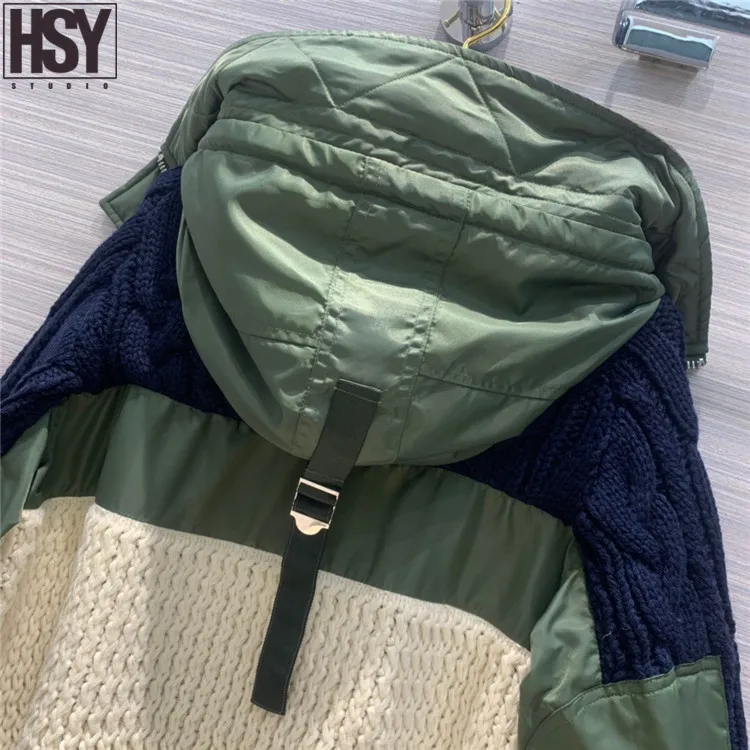 【HSY】2019 Осень Зима Новая Женская Лоскутная куртка мешковатая грубая вязаная