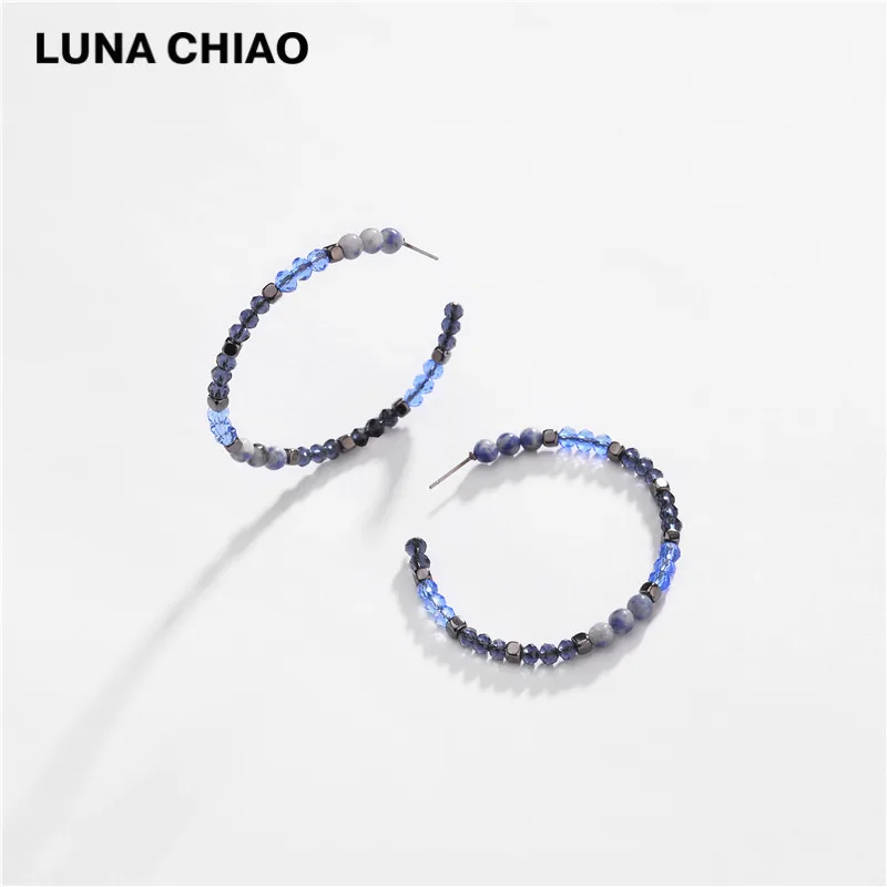 LUNA CHIAO разноцветные стеклянные хрустальные серьги-кольца из натурального камня с бисером Большие для женщин - Окраска металла: Blue