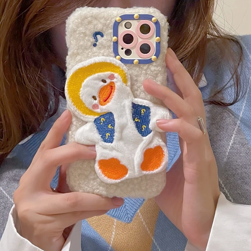 

Cartoon Lovely Case For iPhone 13 Pro Max 12 11 XS Max X XR 7 8Plus White Duck Warm Winter Plush Soft Silicone Phone Cover Coque