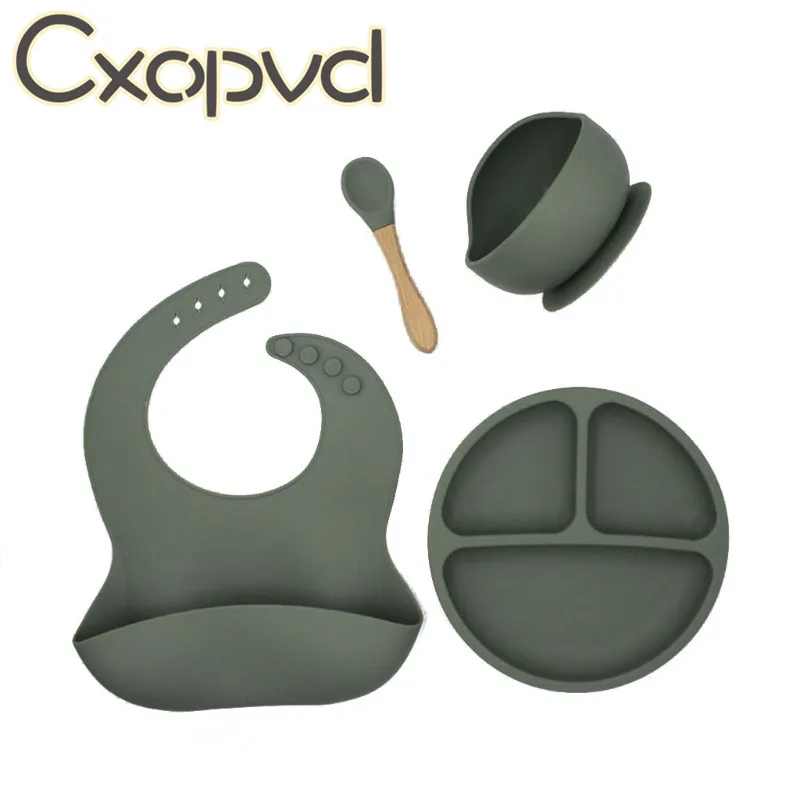 

4pcs/set BPA Free Baby Silicone Tableware Waterproof Bib Solid Color Dinner Plate Sucker Bowl And Spoon For Children