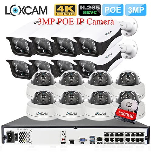 LOXCAM H.265+ 16ch nvr система 16CH 5MP POE NVR комплект 48 В 3MP вход/Открытый Антивандальный безопасности ip-камера Onvif видеонаблюдение 4K - Цвет: 16CH NVR x 16 Camera