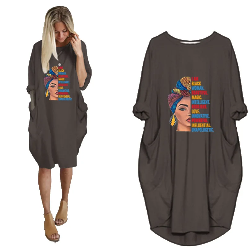 

2021 Summer New Women's Casual Loose Pocket Long Sleeve Printed Fat Sister Dress