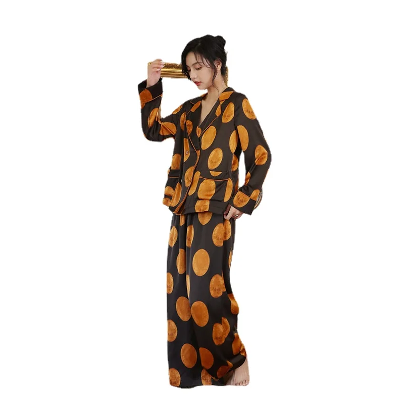 Silk Pajamas Fashion Wave Point Suit Long Sleeve Lapel Ice Silk Home Clothes Two-piece Set Loungewear Autumn Clothes Women