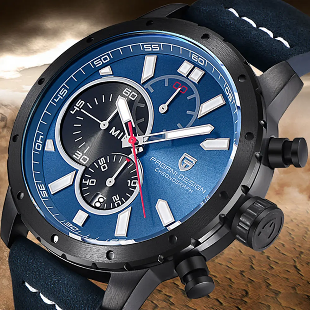 Мужские часы Pagani дизайнерские кварцевые с синим циферблатом 46 мм хронографом и