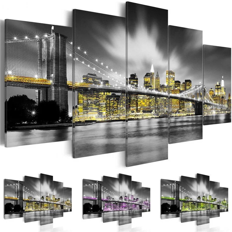 

City Night Scene Canvas Painting Print 5 Pieces Construction Scenery Wall Art Modern Modular Pictures Living Room Decor Frame