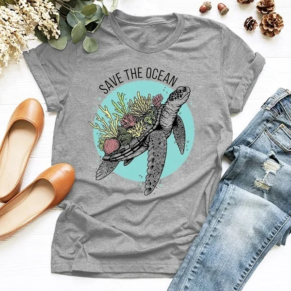 

Fashion Women Cute 'Save The Ocean' Turtle Print T Shirt Loose Short Sleeve Blouse Environmentalist Tee Casual Vegan T-shirt