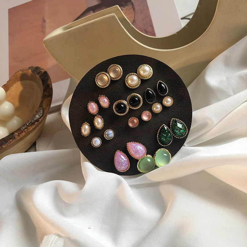 AOMU, 12 пар носочков Vintage Opal камень со стразами и жемчугом, эмаль, смола геометрический металлического сердечка серьги-гвоздики Комплект сережек для женщин и девочек вечерние ювелирные изделия