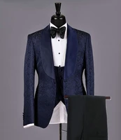 jeltonewin navy blue jacquard men suits terno slim fit 3 pieces tuxedo prom wedding suits costume homme marriage groom blazer