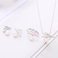 meibapjnatural freshwater pearls geometric model jewelry set real 925 silver necklace earrings ring 3 pieces set for women