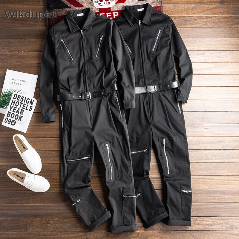Overalls Jumpsuits For Men Fashion Casual Cargo Pants Long Sleeve Zipper Design Punk Rock Goth Clothes Male Romper Plus Size
