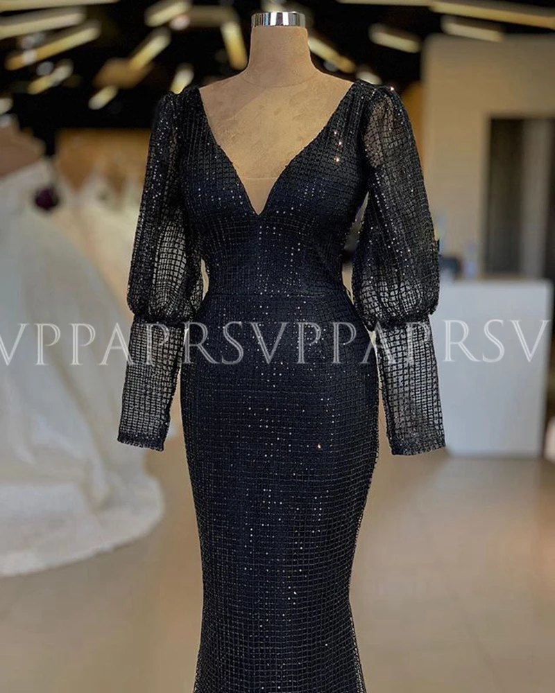 

Long Arabic Evening Dresses 2020 Elegant V-neck Long Sleeve Mermaid Black Sequin Dubai Ladies Formal Gowns