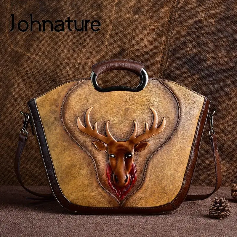 

Johnature Vintage Women Handbag Genuine Leather Embossing Handmade Bag 2022 New Nature Soft Cowhide Shoulder & Crossbody Bags
